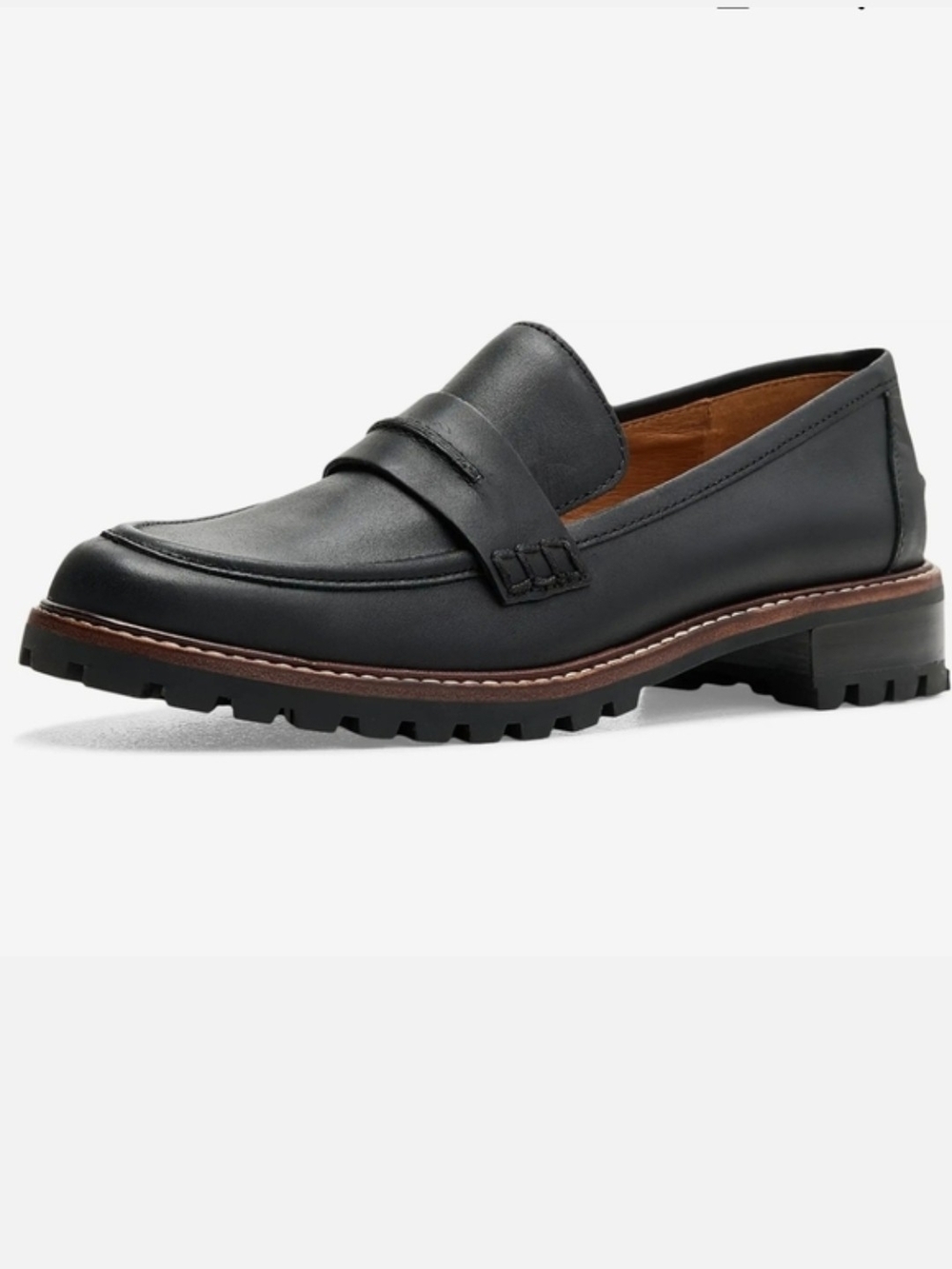 Madewell Black Leather Lug Sole Penny Loafers with Brown Welt